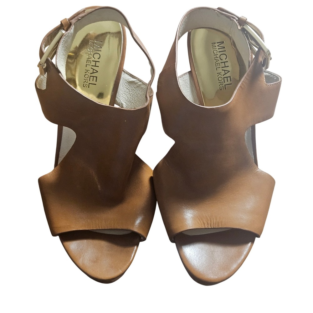 Michael Kors Josephine Wedge Platform Sandals Peep Toe Leather 8M Glam Chic